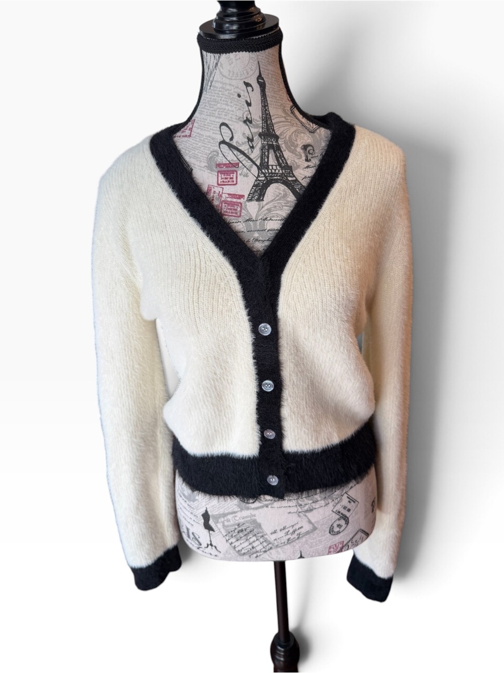 Astr Cropped V-Neck Cardigan in Cream with Black Trim